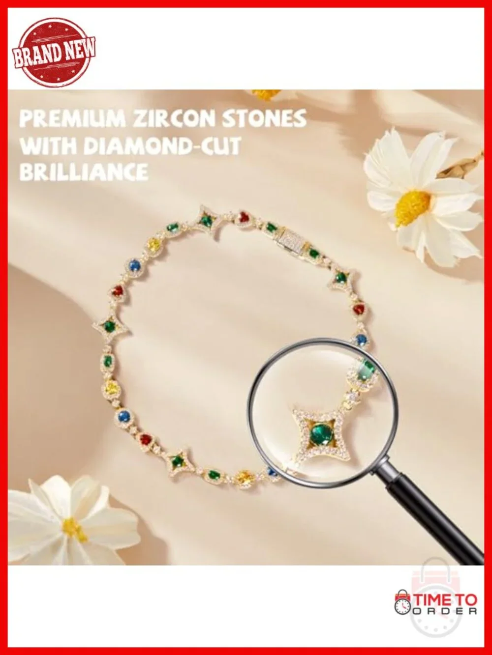 Gold Plated Brass Rainbow Zirconia Hip-Hop Pendant Necklace 22in Unisex